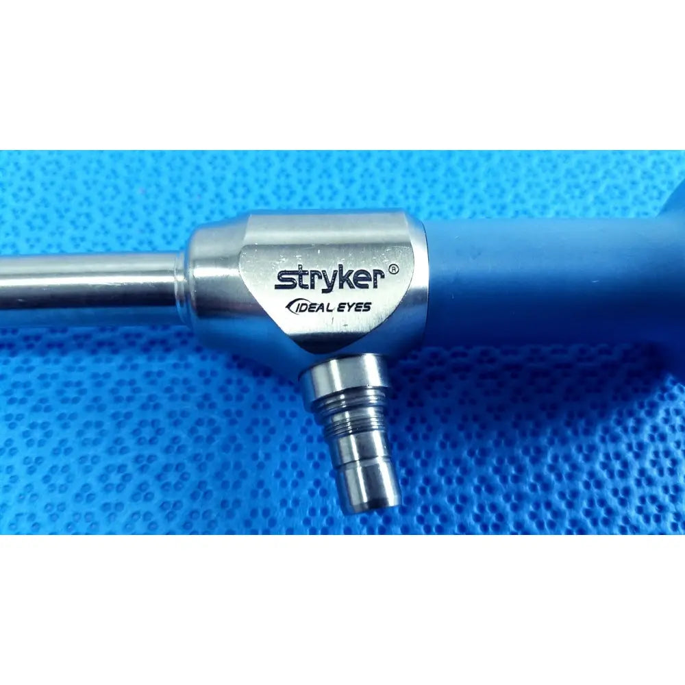 Stryker 502-859-010 ideal eyes 10mm autoclavable endoscope with metallic silver joint and blue handle shown from front