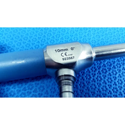 Silver ideal eyes 10mm autoclavable endoscope with blue handle and engraved specifications by stryker