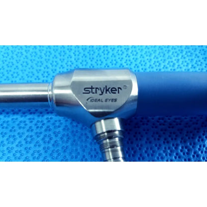 Stryker 502-859-010 ideal eyes 10mm surgical endoscope with metallic silver body and blue ergonomic grip