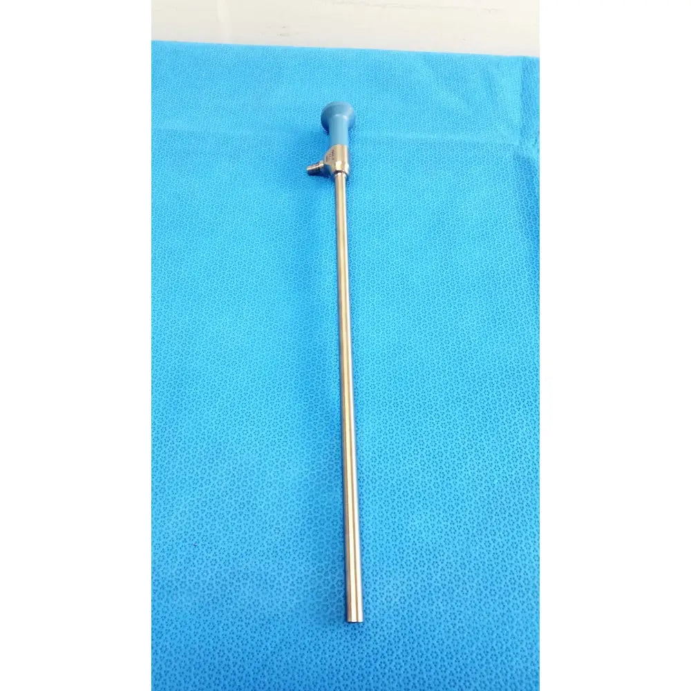 A slender metallic ideal eyes 10mm endoscope with a blue-tipped handle and adjustment knob for surgical use