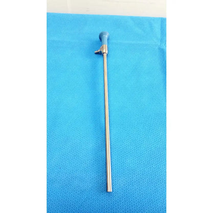 A slender metallic ideal eyes 10mm endoscope with a blue-tipped handle and adjustment knob for surgical use