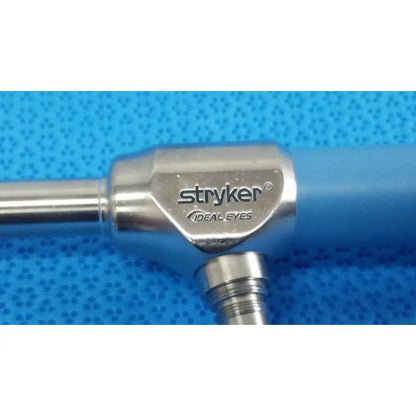 Stryker ideal eyes 10mm autoclavable endoscope with metallic silver housing and blue ergonomic grip for surgical use