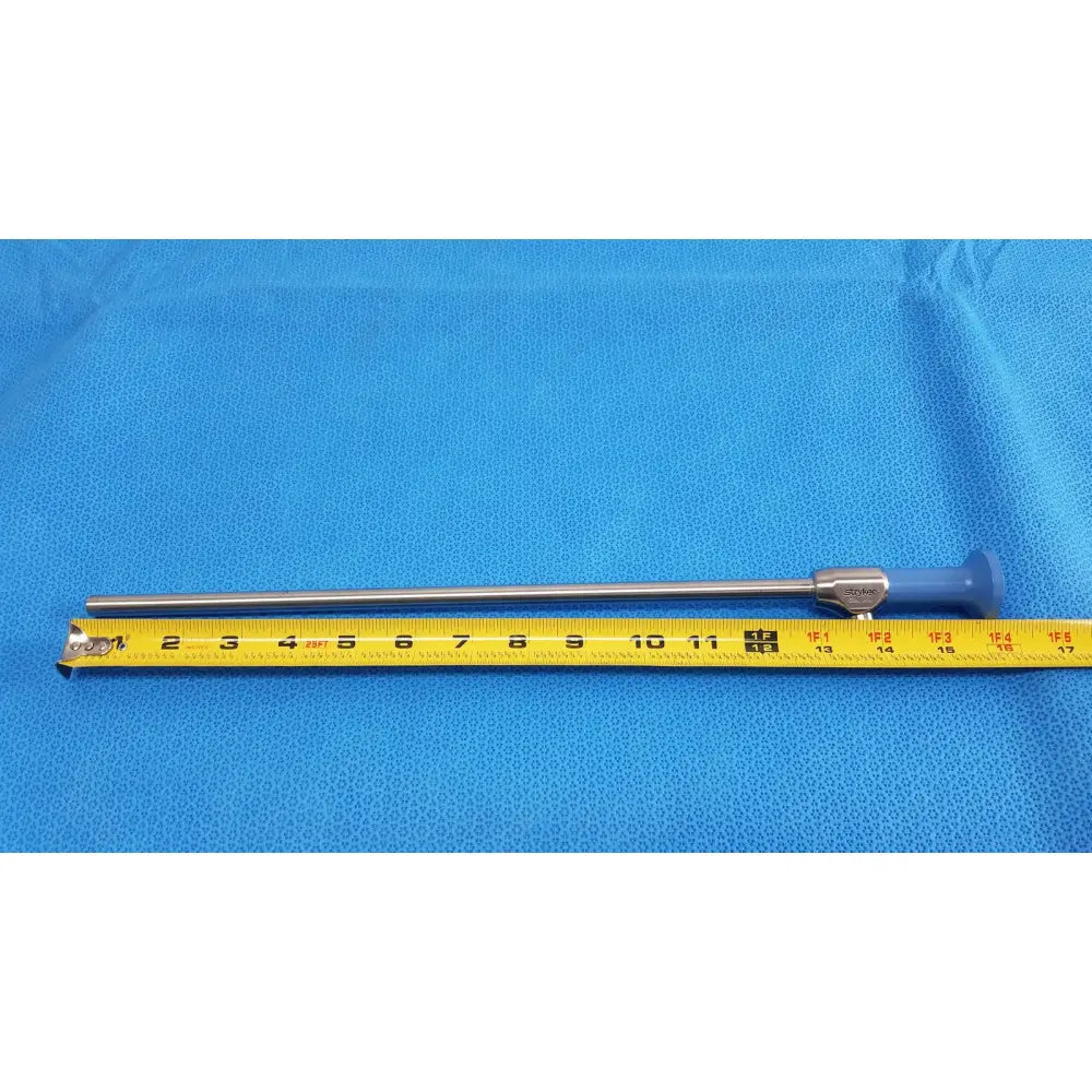 Silver surgical instrument with blue handle and metallic shaft engraved with brand name for ideal eyes 10mm endoscope