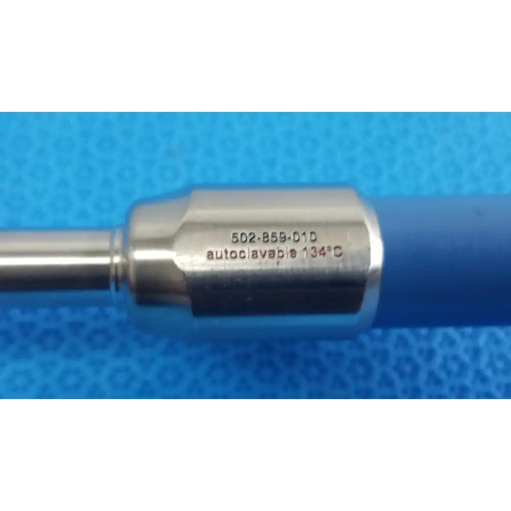 Silver metallic surgical instrument with blue handle marked 502-859-01d autoclavable 134°c for stryker ideal eyes 10mm endoscope
