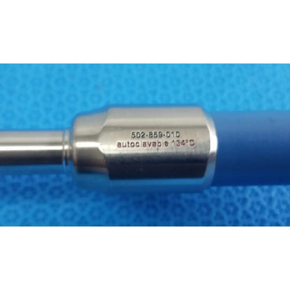 Silver metallic surgical instrument with blue handle marked 502-859-01d autoclavable 134°c for stryker ideal eyes 10mm endoscope