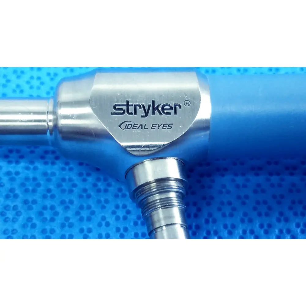 Silver metallic Stryker ideal eyes 10mm endoscope with blue plastic handle for surgical use autoclavable instrument