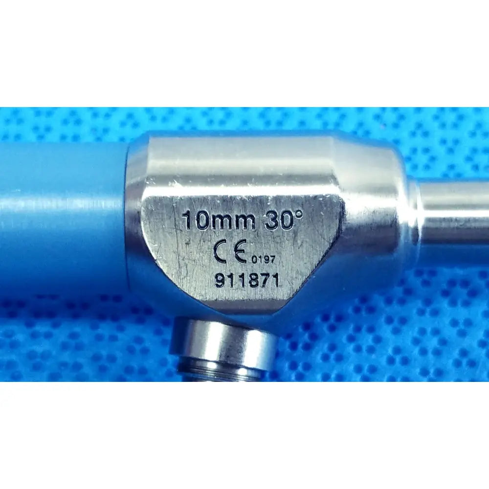 Silver stryker ideal eyes autoclavable 10mm 30 degree endoscope with blue handle and engraved specifications