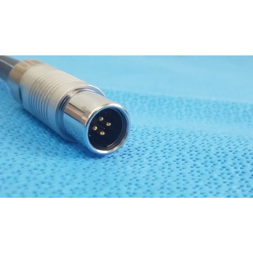 Silver metallic connector with threaded housing and four gold-plated pins for reuse medical equipment scher handpiece cable