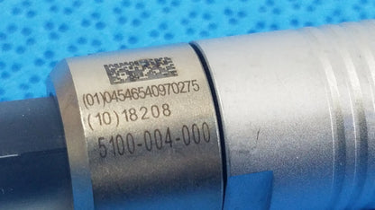 Silver metallic cylindrical scher handpiece cable with engraved serial numbers and qr code for reuse medical equipment