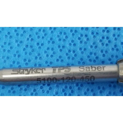 Silver-colored metal tsp saber straight surgical attachment labeled stryker tps saber 5100-120-450 for precise cutting