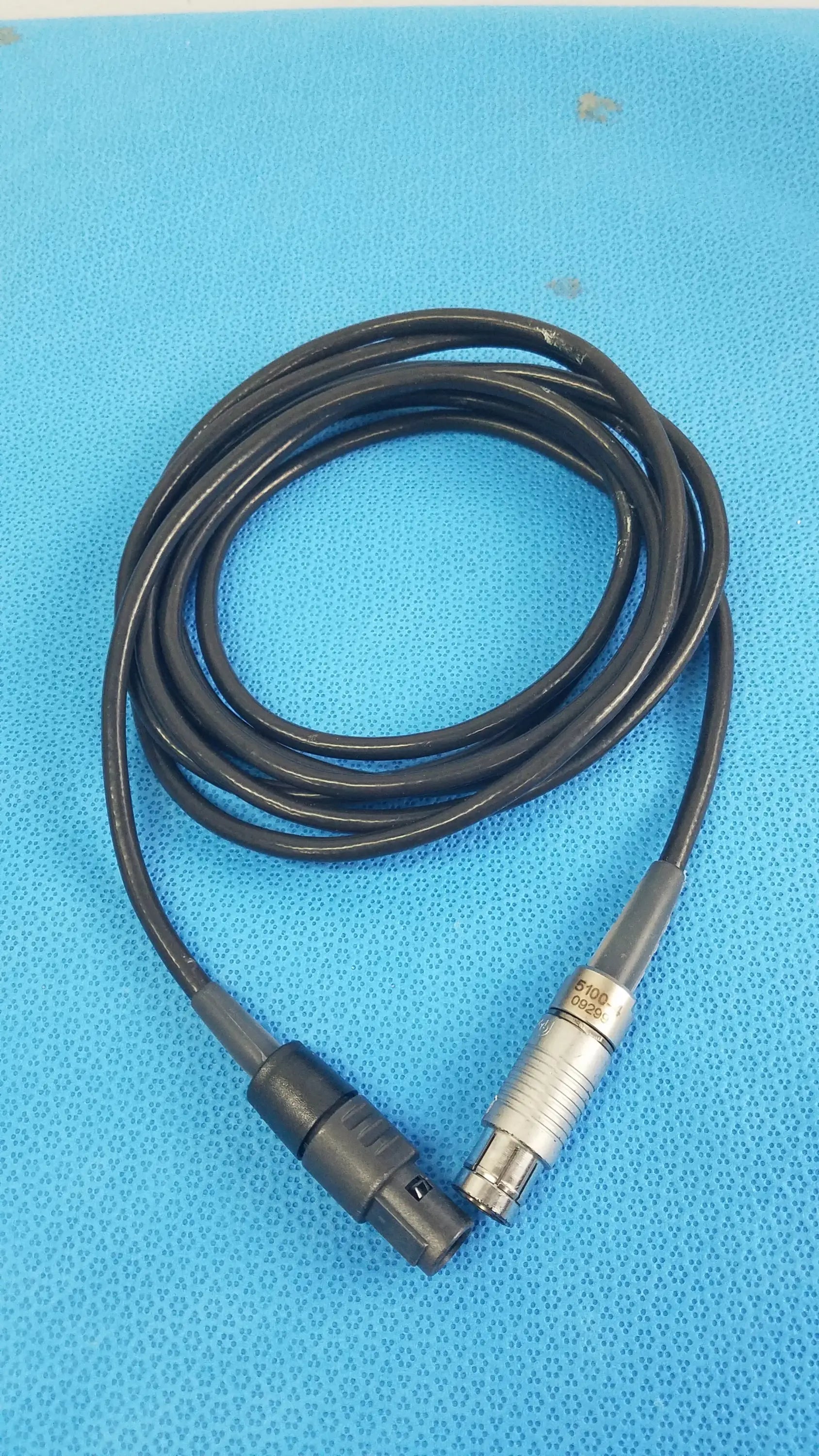 Black coiled scher handpiece cable with black xlr and silver threaded connectors for reuse medical equipment