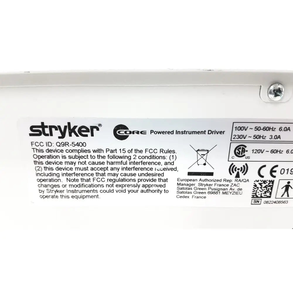 White Stryker 5400-50 core powered instrument driver with black text and regulatory markings for surgical use