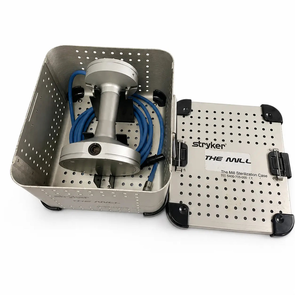 Silver stryker mill bone mill with blue connecting cable inside sterilization container for surgical instrument driver use