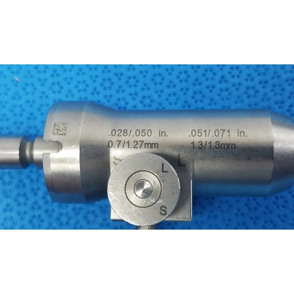 Silver metallic Stryker 6203-026 adjustable wire collet with engraved dimensional markings for reuse medical applications