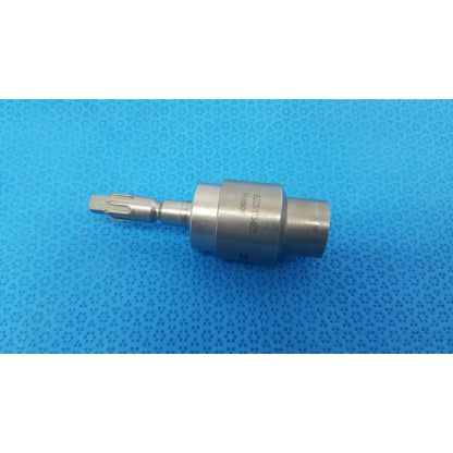 Silver metallic surgical drill bit with cylindrical body and gear-like cutting head for stryker hudson modified trinkle attachment
