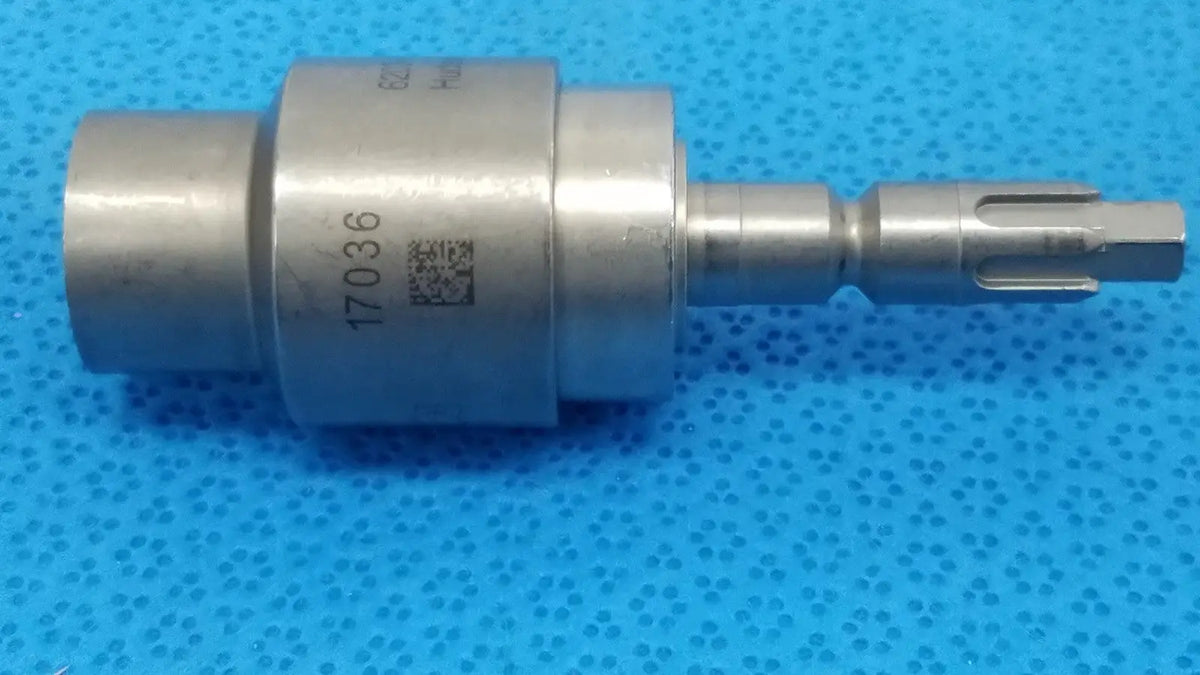 Stryker 6203-113-000 silver metallic surgical drill bit with engraved serial number and qr code for reuse medical purposes