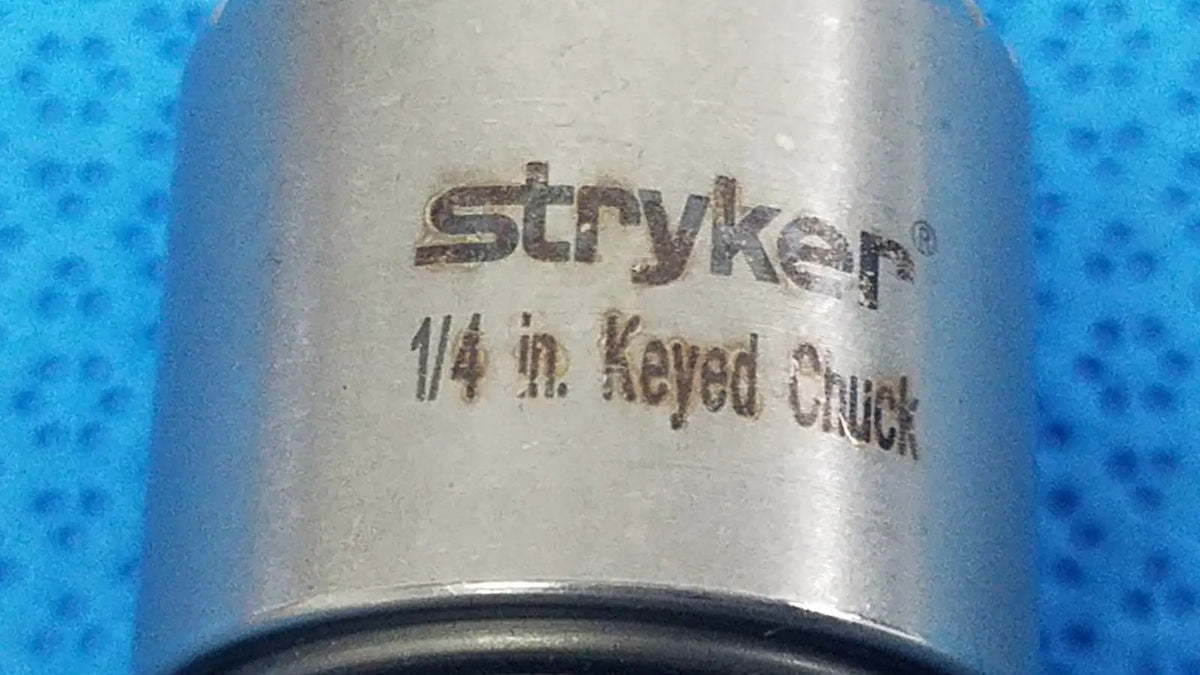 Silver stryker 1/4 inch keyless chuck with brushed metal finish designed for reuse medical applications
