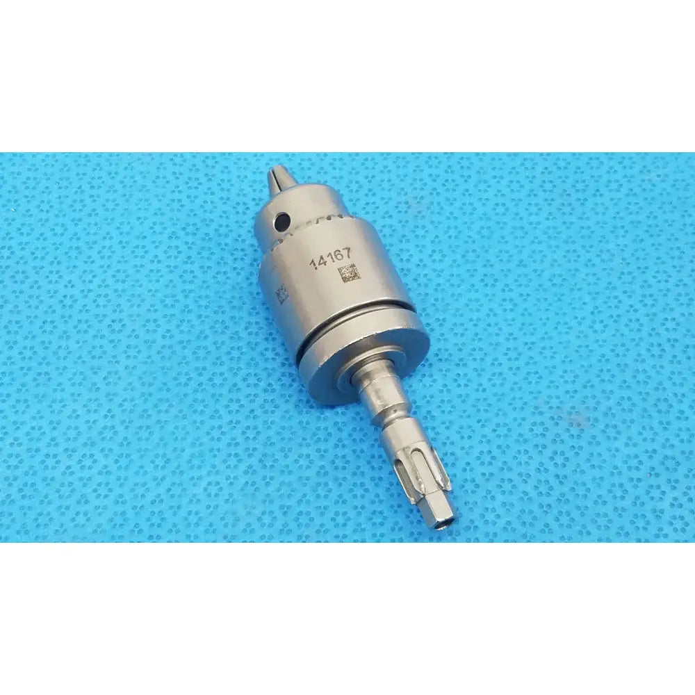 Silver surgical drill bit with textured metallic finish and engraved serial number 14167 for stryker 6203-131-000 keyless chuck reuse medical use