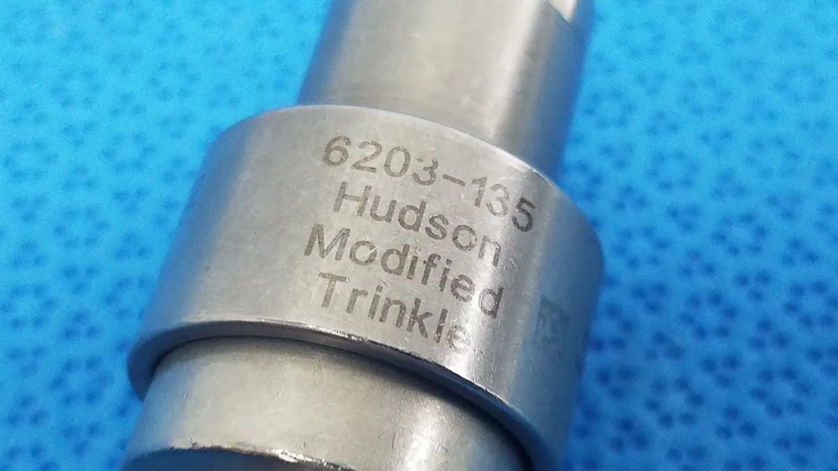 Silver metallic Stryker 6203-135 hudson modified trinkle tool with engraved model number for reuse medical use