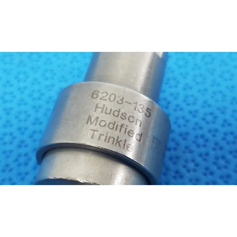 Silver metallic Stryker 6203-135 hudson modified trinkle tool with engraved model number for reuse medical use