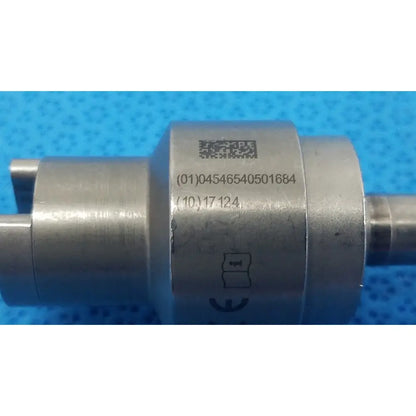 Silver metallic cylindrical hudson modified trinkle component with engraved serial numbers and qr code for reuse medical use