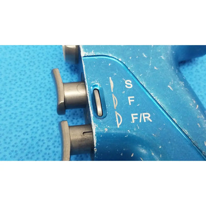 Blue plastic remb universal driver with silver metal adjustment knobs and white engraved markings for reuse medical use
