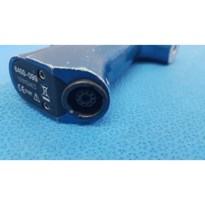 Blue handheld laser scanner with matte finish and black circular connector for stryker 6400-099-000 universal driver reuse medical applications