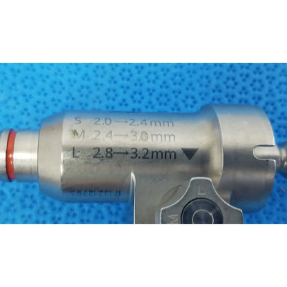Silver metal stryker 8203-126-000 pin collet with engraved size markings for s m and l reuse medical and orthopedic saws