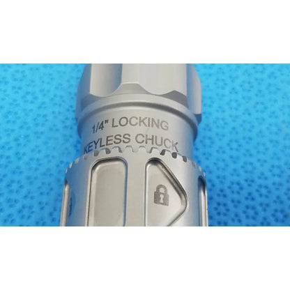 Stryker 8203-133-000 silver metallic 1/4 locking keyless chuck with textured grip and engraved lock symbol