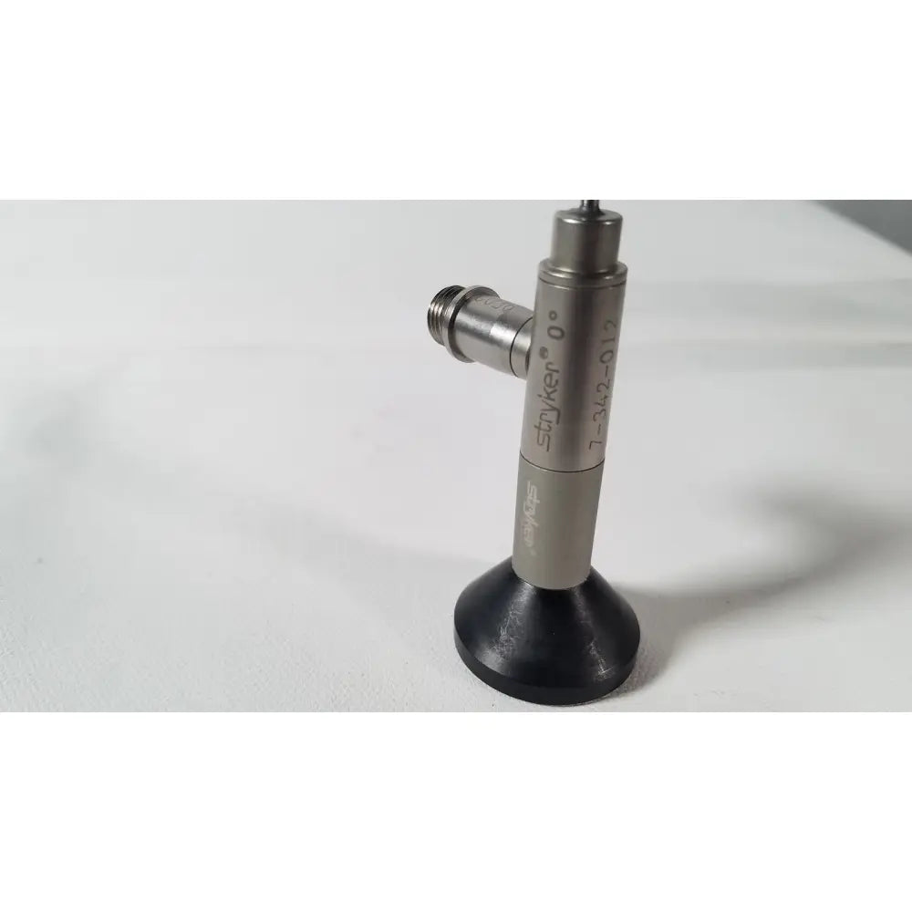 Silver metallic Stryker Endoscopy 0° arthroscope with black rubber base and threaded connection for reuse medical use