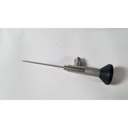 Silver stryker endoscopy 0° arthroscope with black rubberized grip and engraved markings for medical reuse