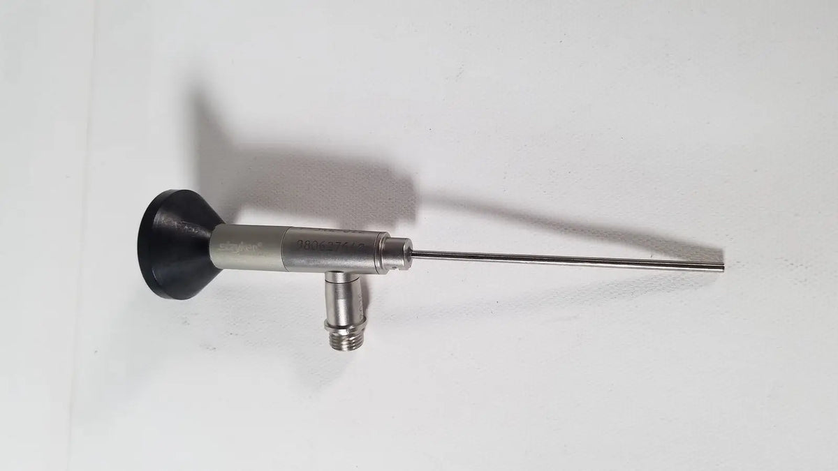 Silver stryker endoscopy 0° arthroscope with black rubberized handle and metallic probe for reuse medical procedures