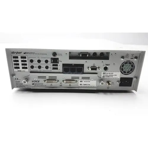Rear panel of silver metallic stryker endoscopy sidne suite integrated control with multiple ports and connectors