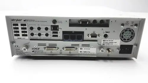 Rear panel of silver metallic stryker endoscopy sidne suite integrated control with multiple ports and connectors