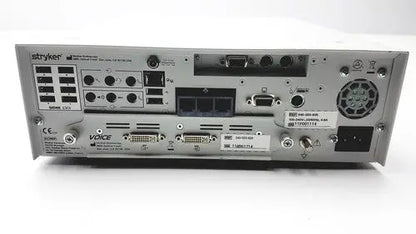 Rear panel of silver metallic stryker endoscopy sidne suite integrated control with multiple ports and connectors