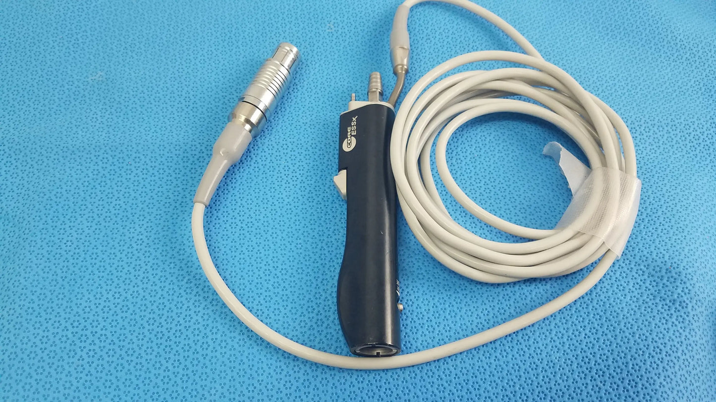 Black ergonomic handle stryker essx microdebrider handpiece with silver connector and coiled white cable for reuse medical equipment