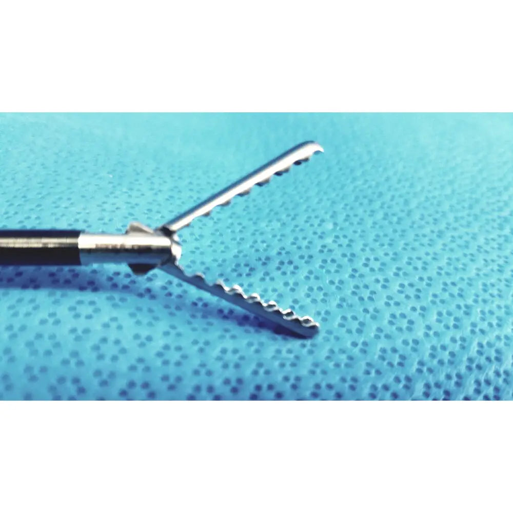 Silver stryker fenestrrated delicate grasper with serrated interlocking jaws and black-handled shaft surgical instrument