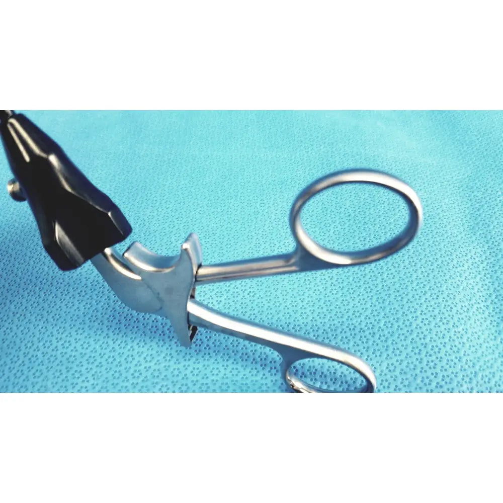 Silver stryker fenestrrated delicate surgical forceps with black textured ergonomic handle for precision grasping