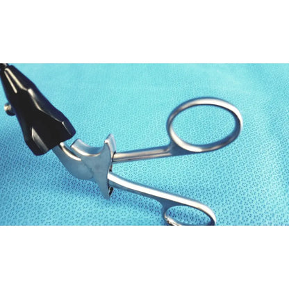 Silver stryker fenestrrated delicate surgical forceps with black textured ergonomic handle for precision grasping