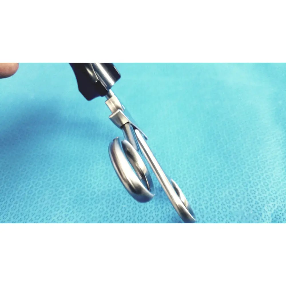 Silver surgical scissors with black ergonomic handles for stryker fenestrrated delicate grasper use