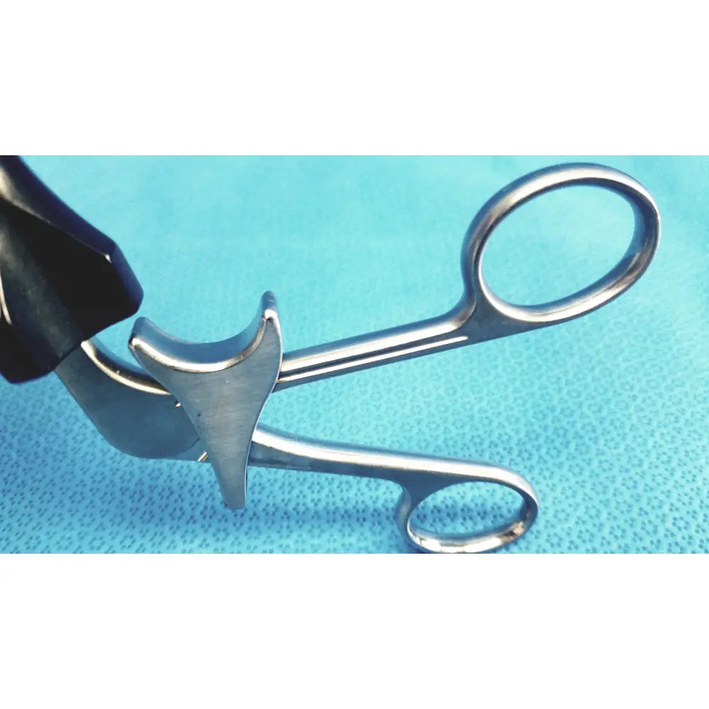 Stryker fenestrrated delicate grasper with silver surgical stainless steel tips and black ergonomic handles