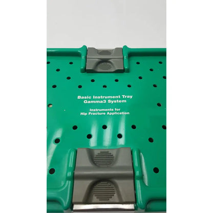 Green plastic optional instrument set tray with gray clasps for stryker gamma3 system hip fracture application