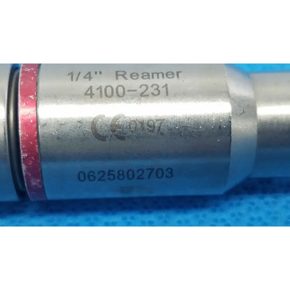 Stryker instruments 1/4 inch silver metallic reuse medical reamer tool with engraved markings and red rubber band