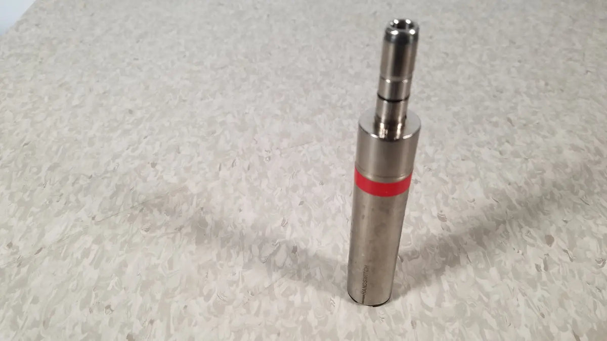 Silver metallic cylindrical adapter with red band and threaded ends for stryker instruments handswitch tps microdrill