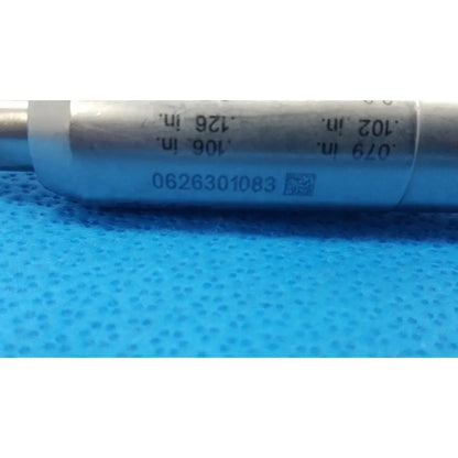 Silver metallic cylindrical stryker instruments pin collet 4100-126 with engraved measurement markings and serial number