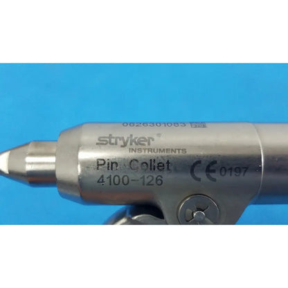 Silver metallic stryker instruments pin collet 4100-126 with engraved markings and precision tapered tip
