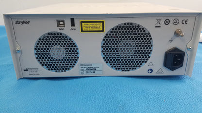 Rear panel of white stryker l10 led light source with aim advanced imaging modality featuring ventilation grilles and power port