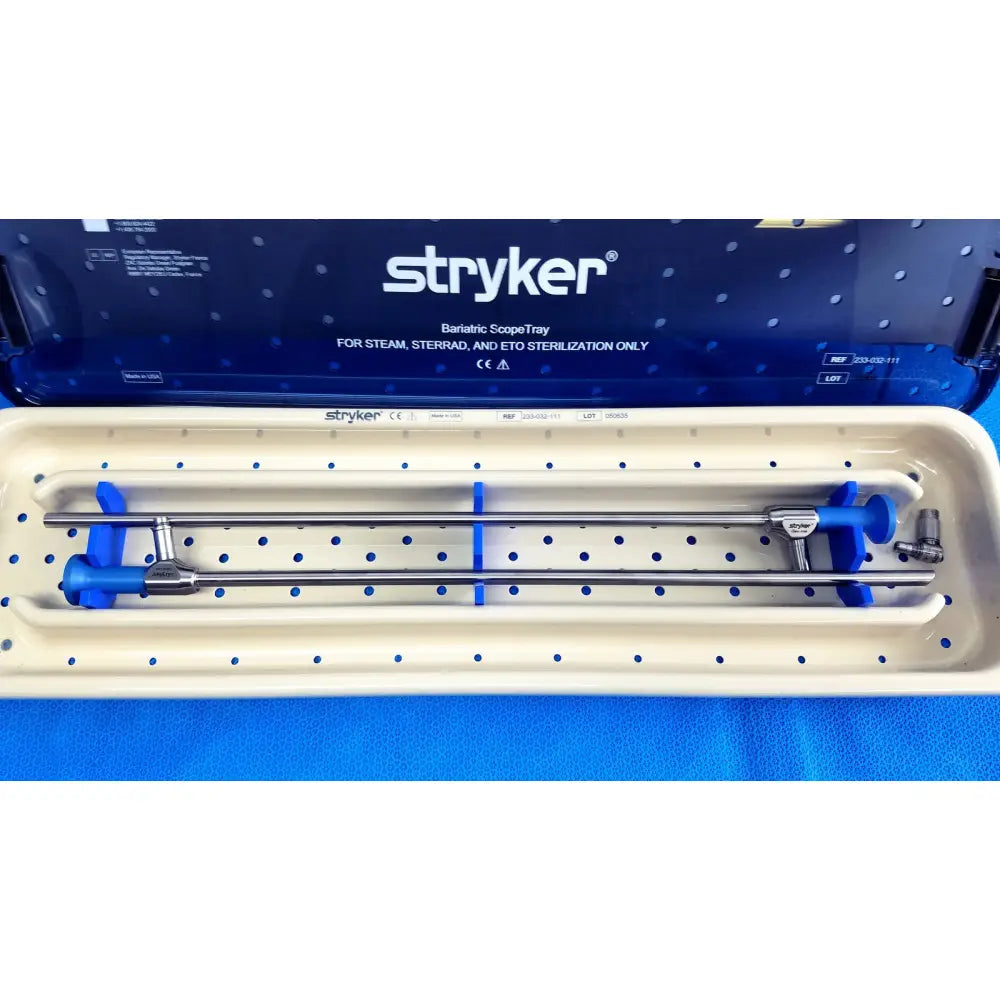 Stryker lot of 2 autoclavable 10mm 134ºc surgical scopes with blue handles in a sterilization tray