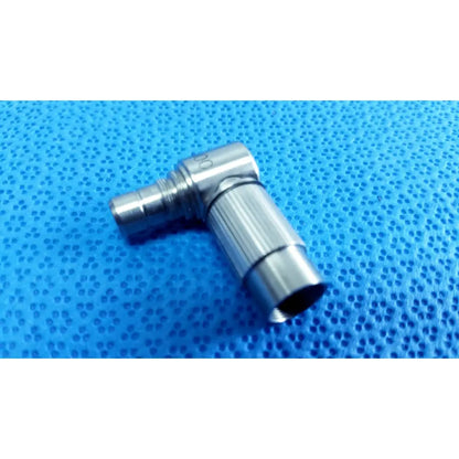 Silver metallic right-angle connector with threaded ends and ribbed section from stryker lot autoclavable 10mm 134ºc scope