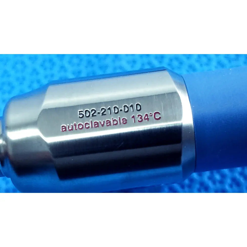 Silver metallic stryker lot autoclavable 10mm medical instrument with blue rubber grip marked 502-210-010 autoclavable 134ºc